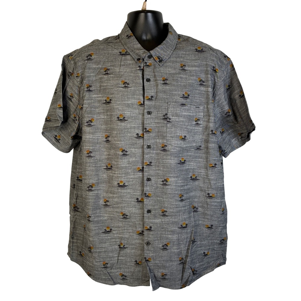 Hurley Men's XXL Grey Tropical Palm Tree Sunset Short Sleeve Button Down Shirt